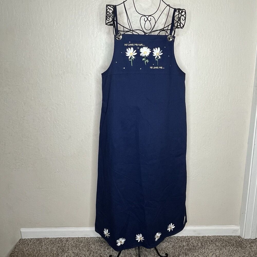 Vintage Quacker Factory Blue Embroidered Daisy Overall Maxi Dress Women’s Sz 14